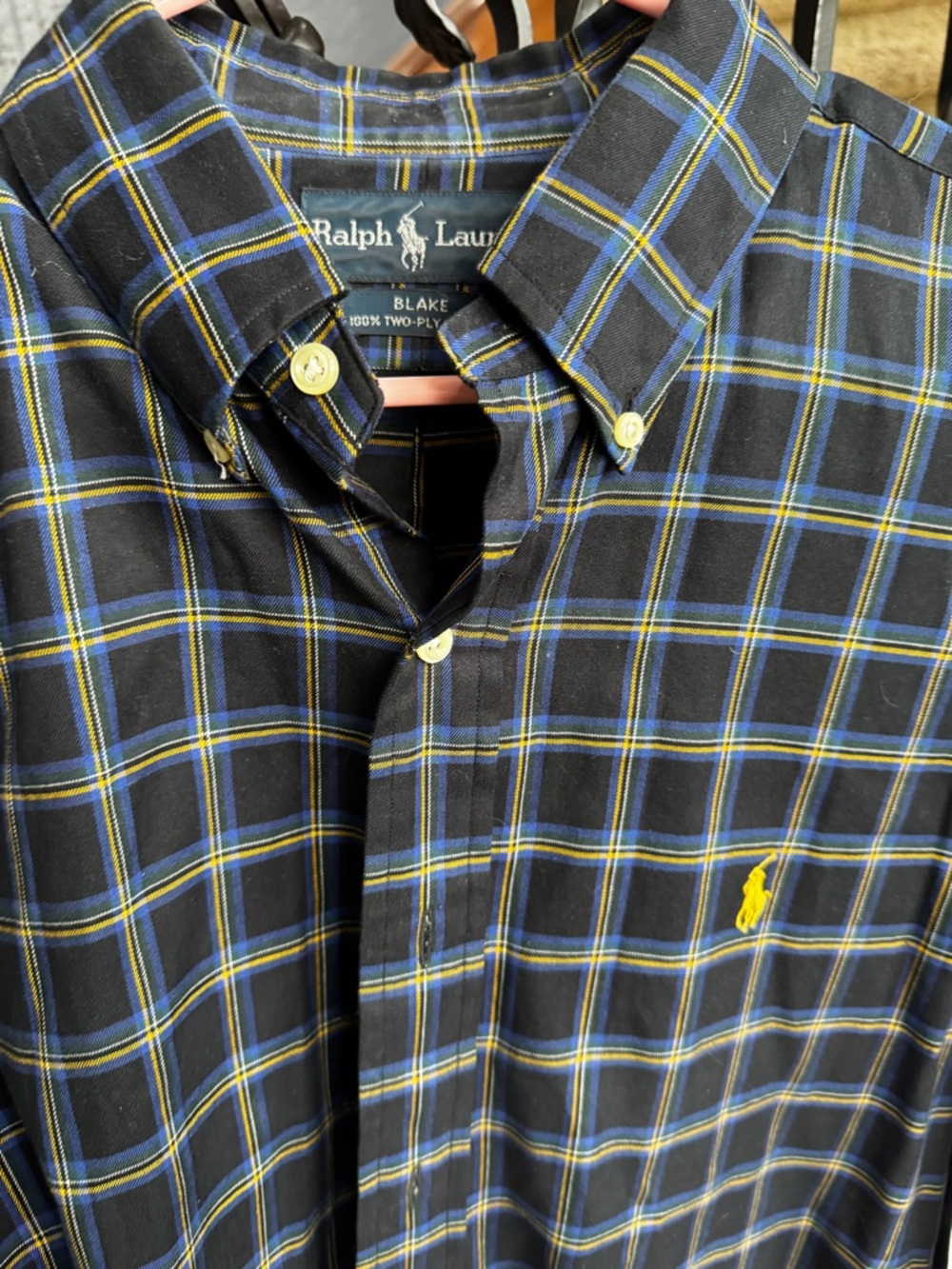 Large Ralph Lauren Blake Men's Black Plaid Button-Down Shirt yellow pony